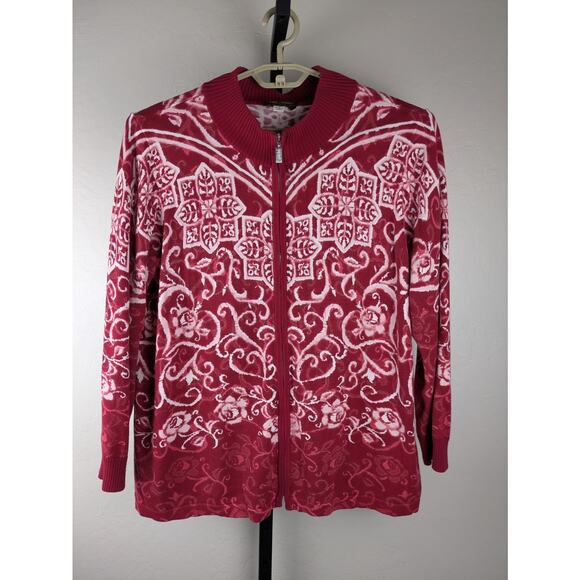 Bob Mackie Wearable Art Zip Front Cardigan Sweater Burgundy Pattern - Picture 1 of 6
